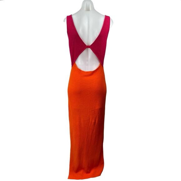 Aiblee Orange Pink Colorblock Cut Out Sleeveless V Neck Maxi bodycon Dress Sz M - Picture 2 of 4